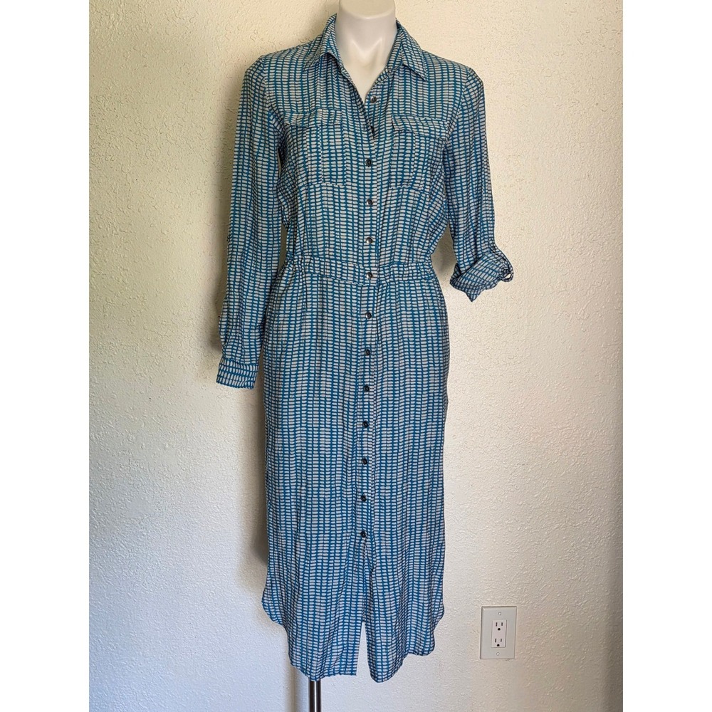 Maeve Anthropologie Blue White Geometric Button Front Midi Shirt Dress Size 2